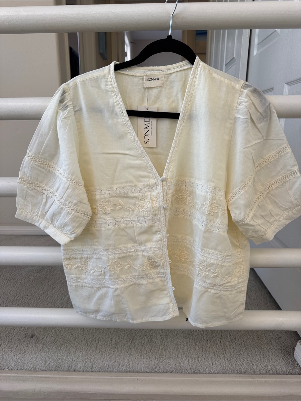 SONMER Kala Embroidered Cream V-Neck Short Sleeve Blouse NWT